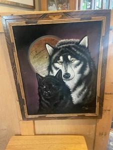 (341) Two Wolves Signed by Ortiz Large Wood Frame, Black Velvet Painting - Picture 1 of 5
