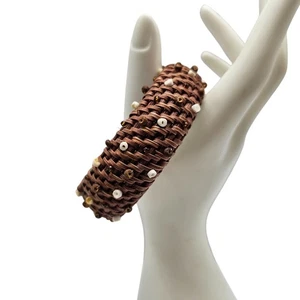 Handwoven Brown Bangle Bracelet With Beads Accents Bohemian - Picture 1 of 6
