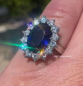4Ct CZ Oval Blue Sapphire Halo Princess Diana Engagement Ring 14K White Gold - Picture 1 of 6