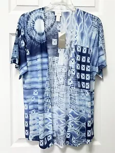 NWT Chico's Size 1 M 8-10 Manganese Blue Floral SS Open Cardigan Sweater $99 - Picture 1 of 6