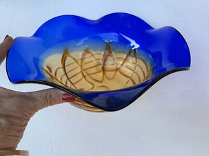 11.25" by 4.5" deep blue/amber ruffled blown glass bowl,studio made,hand crafted - Picture 1 of 5
