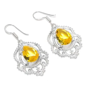 Yellow Citrine Gemstone Handmade 925 Sterling Silver Jewelry Earring Sz 1.5" - Picture 1 of 1