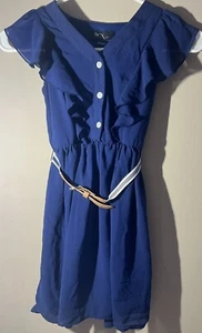 BCX Girl JR Girls Dress Size 7 Navy Blue Belted - Picture 1 of 3