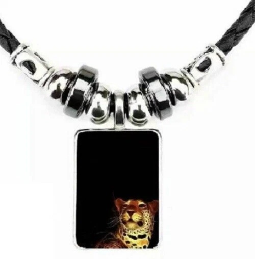 Collar de cuero negro con cuentas de plata de leopardo cordón gato joyería animal NUEVO Foto 1 de 1