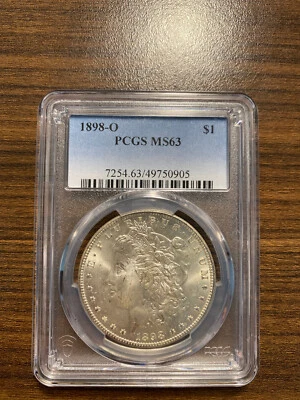 Серебряный Моргановский доллар 1898-O $1 PCGS МОНЕТНЫЙ ДВОР СОСТОЯНИЕ 63 MS 63 - Изображение 1 из 4
