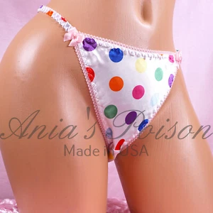 Bragas de colección estilo puro satén brillante aspecto húmedo señora sissy lunares cuerda bikini - Imagen 1 de 5