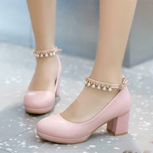 Chic Womens Cute Round Toe Chunky Heel Crystal Pearls Pumps Party Dress Shoes - Picture 1 of 16