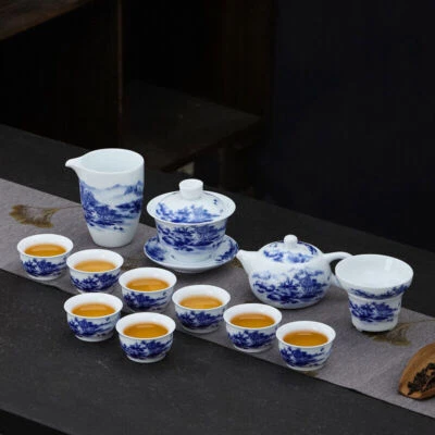 Juego de té de porcelana azul y blanco tetera de cerámica china Gaiwan taza de té a juego Foto 1 de 4