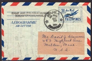 334 PHILIPPINEN NACH USA AIR LETTER AEROGRAMME 1956 MANILA, MALDEN, MA - Bild 1 von 2