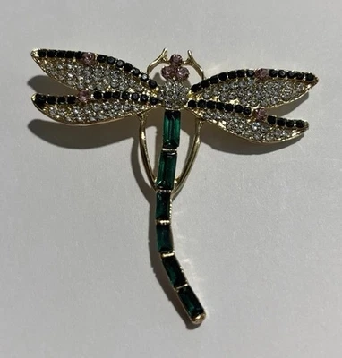 Broche Libélula Cristal Brillante Verde Baguette Cuerpo Multicolor Piedra Tono Dorado Foto 1 de 3