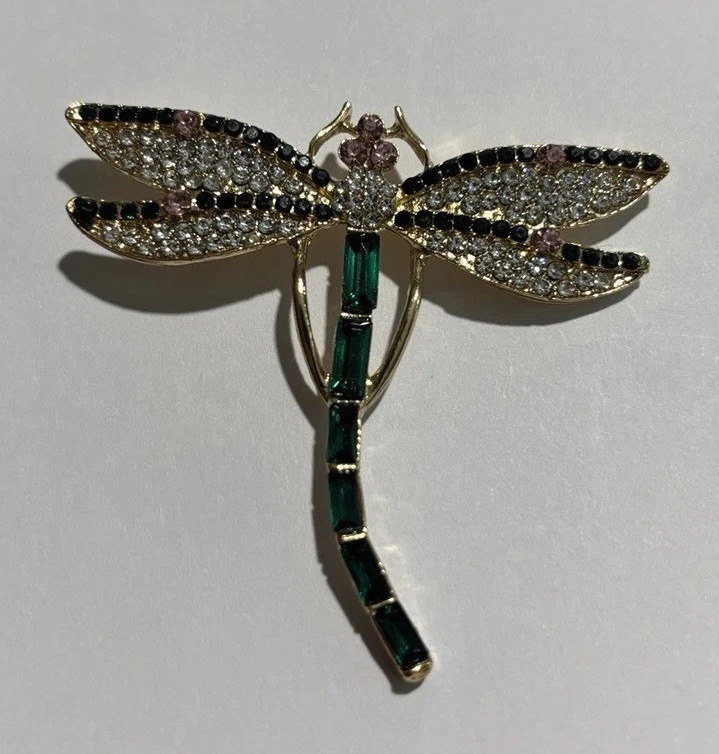 Broche Libélula Cristal Brillante Verde Baguette Cuerpo Multicolor Piedra Tono Dorado Foto 1 de 3