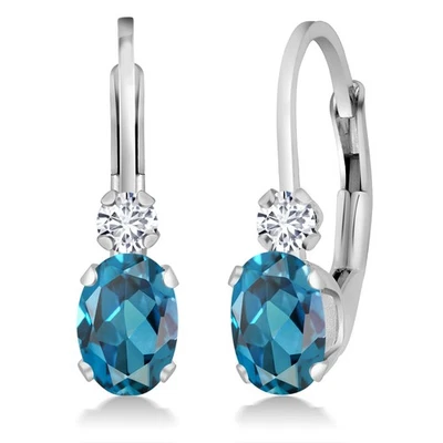 14K White Gold London Blue Topaz and Diamond Leverback Earrings For Women | - Image 1 of 4