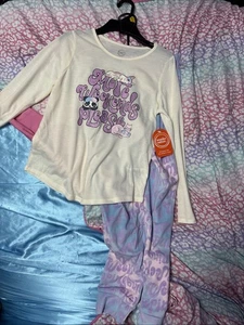 10-12 Girls Pajama Long Sleeve Shirt With Pants Set With Cat, Dog, Panda Print - Picture 1 of 2