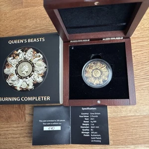 Queen’s Beasts 2 Oz Silber Completer Münze Burning Gold Plated mit Box & COA - Bild 1 von 6