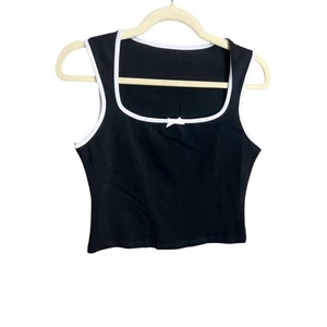 Black Square Neck Crop Top Sz M White Contrast Trim and Bow Y2K Fairy Coquette - Picture 1 of 8