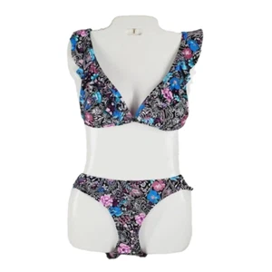 Shade & Shore Tropical Black Floral 2 Piece Swimsuit Ruffled Bikini Set Sz S & M - Picture 1 of 8