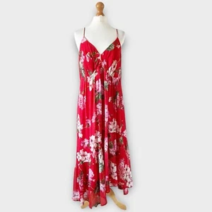 Mango Tropical Floral Dress Sz 14 Red Multi Floral Print Midi Long Strappy NEW - Picture 1 of 13