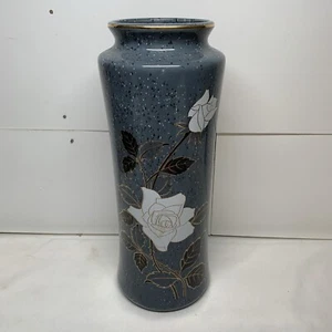 Japanische Vintage blaugraue Vase mit Blumenmuster, goldrandeter Mund 10,75" gr - Bild 1 von 8