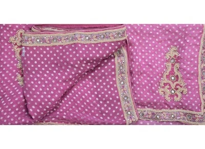 Vintage Pink Saree Beaded Zari Embroidered Pure Silk Pink Sari Crafts Fabric 5Yd - image 1 of 3