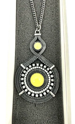 Lia Sophia Sphinx Necklace Crystals & Yellow Resin Stones Hematite Chain Long - Image 1 of 4