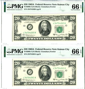 (2) Consecutive 1963-A $20 FRN Notes Kansas City PMG Gem Uncirculated 66EPQ - Picture 1 of 5