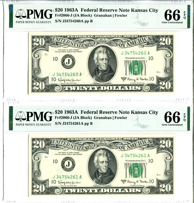 (2) Consecutive 1963-A $20 FRN Notes Kansas City PMG Gem Uncirculated 66EPQ - Image 1 of 4