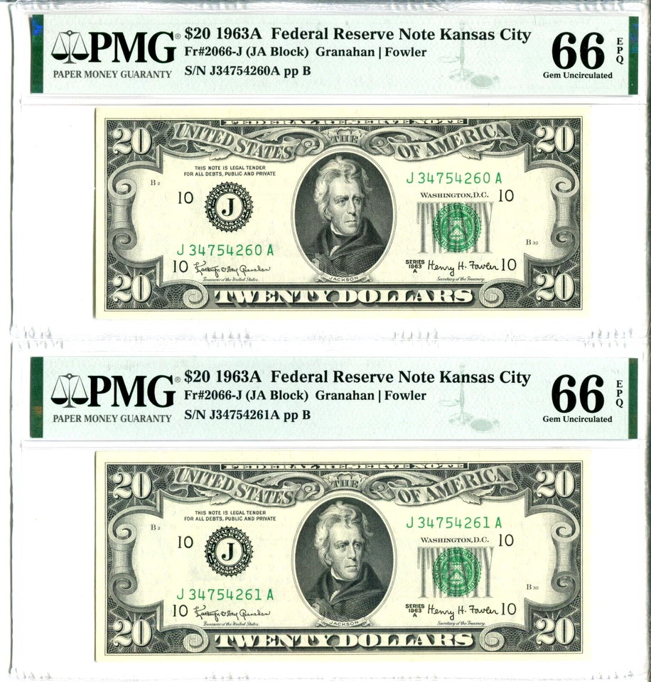 (2) Consecutive 1963-A $20 FRN Notes Kansas City PMG Gem Uncirculated 66EPQ - Image 1 of 4