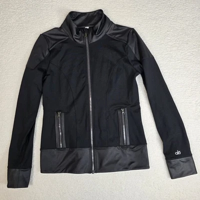 Alo Yoga Womens Med Black Zip Up Moto Track Jacket Faux Leather Trim Activewear - Image 1 of 4