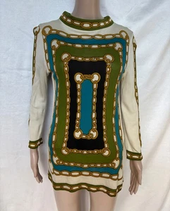 Trissi Vintage 60er 70er Groovy Mod Acryl Tunika Top Gold Kette Artsy Geometrisch - Bild 1 von 7