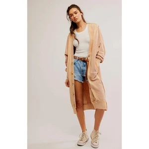 Free People Cardigan Womens XL Cuban Sand Dreamy Blue Longline Oversized NWT - Picture 1 of 10