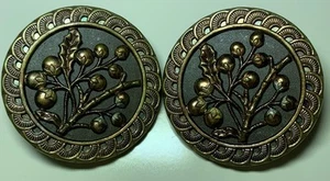 TWO Antique Berries on Branch Buttons Brass Steel Shank Large 1-3/8" Stunning! - Picture 1 of 8