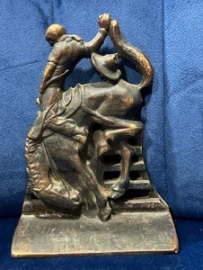 Cast Iron Cowboy  Bucking Bronco Single Bookend Door Stop Marked OFW Copper - Picture 1 of 6