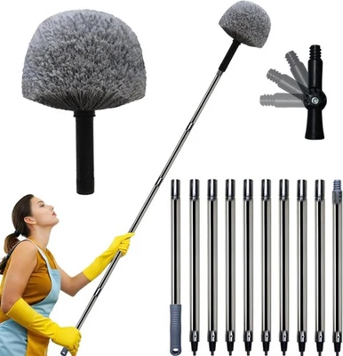 TONMP 20 Ft+ High Reach Grey Cobweb Duster with 3-14 ft Extension Pole, 12ft, Gray