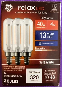 GE relax LED Decorative Soft White Light Candelabra Bulbs 3 Pack 40W 13 Yr Life - Picture 1 of 4