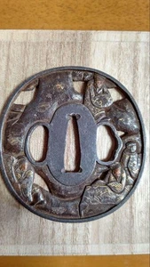 Edo Period Tsuba with Wooden Box Iron & Gold Inlay 77x72mm Used - Picture 1 of 7