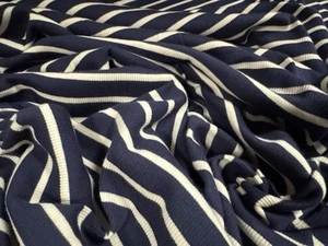 Stretch Spandex Rib Jersey Fabric, Per Metre - Stripe - Navy Blue & Off White - Picture 1 of 3