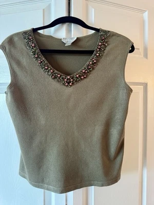 Talbot’s Women’s Size M Sleeveless Sweater V-Neck with Sequined Neckline Taupe - Image 1 of 4