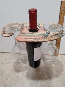 Myersart Pottery Garden themed Wine Bottle and Wine Glass Holder, - Picture 1 of 9