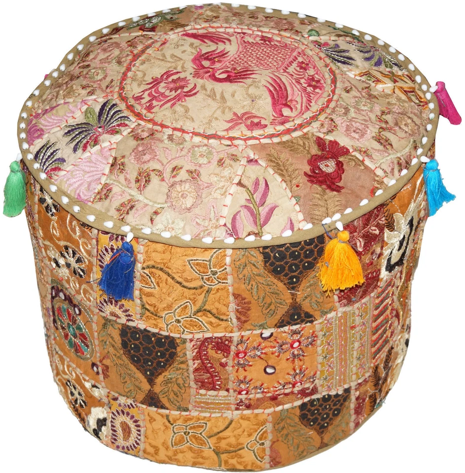 PUF REDONDO OTOMANO VINTAGE HECHO A MANO INDIO PATCHWORK ALGODÓN PUF ÉTNICO Foto 1 de 1