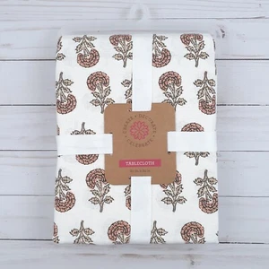 Fabric Tablecloth 60x84 in Anya Woodblock Peach Floral Cotton - Picture 1 of 2