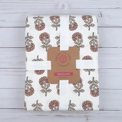 Fabric Tablecloth 60x84 in Anya Woodblock Peach Floral Cotton - Image 1 of 2