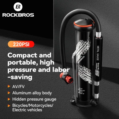 Rockbros Bicycle Pump With Barometer 220 PSI High Pressure Portable Pump AV/FV - Image 1 of 4