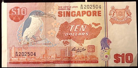 1980 SINGAPORE $10 WHITE COLLARED KINGFISH  CRISP  BANKNOTE  INV#B10512 Cover