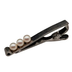 Mikimoto Tokyo Tie Bar Clip 3 Pearls Silver (800-Sterling) 5mm - Picture 1 of 5