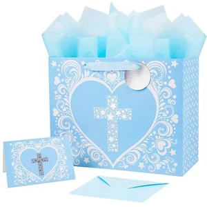 12.6" Large Blue Gift Bag with Metallic Silver Star Cross Design Card and Tis... - Picture 1 of 7