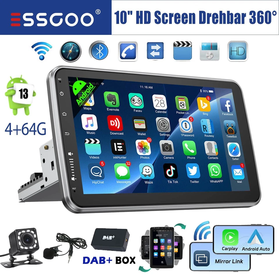 4+64GB Android 14 Carplay DAB+ Autoradio GPS Navi 1 DIN 360° Drehbar Bildschirm - Bild 1 von 4
