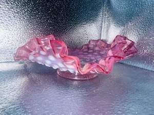 Pink Cranberry Opalescent Glass Hobnail Ruffled Bowl Dish Home Decor Fenton - Picture 1 of 10