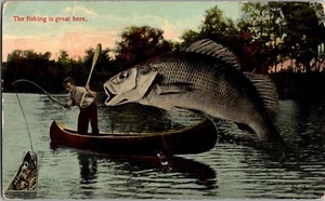 Tarjeta de exageración Fishing is Great Here pez gigante gancho hombre en canoa - Imagen 1 de 6