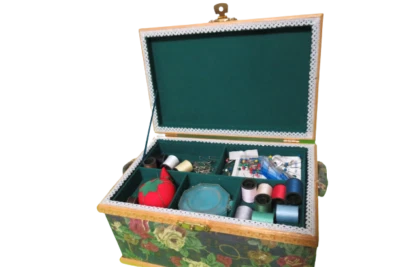 Vintage 1970s Floral Print Sewing Basket Box W/ Handle & Sewing Supplies 11"L - Image 1 of 4