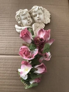 8 1/2" Cherubs Religious -with adjust silk flowers wall decor - angels vintage - Picture 1 of 3